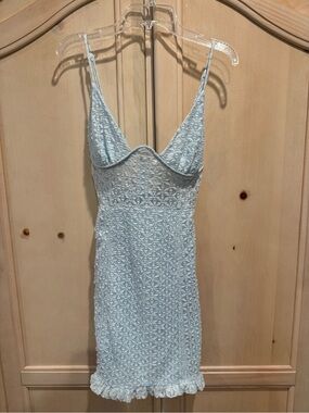 Emory Park Boutique Powder Blue Lace Slip Dress with Ruffle Hem